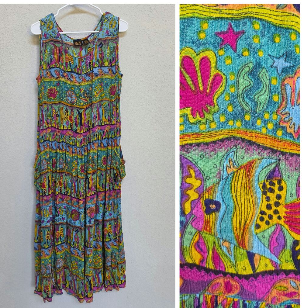 Sleeveless Midi Dress Bila Womens Large Rayon Ocean Sea Life Fish Print Summer